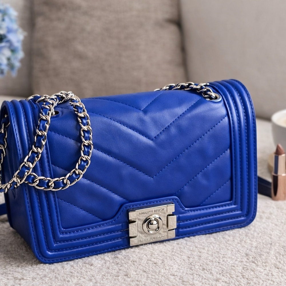 Badgley Mischka Quilted Crossbody Bag Blue Vegan Leather Chain Strap NWT